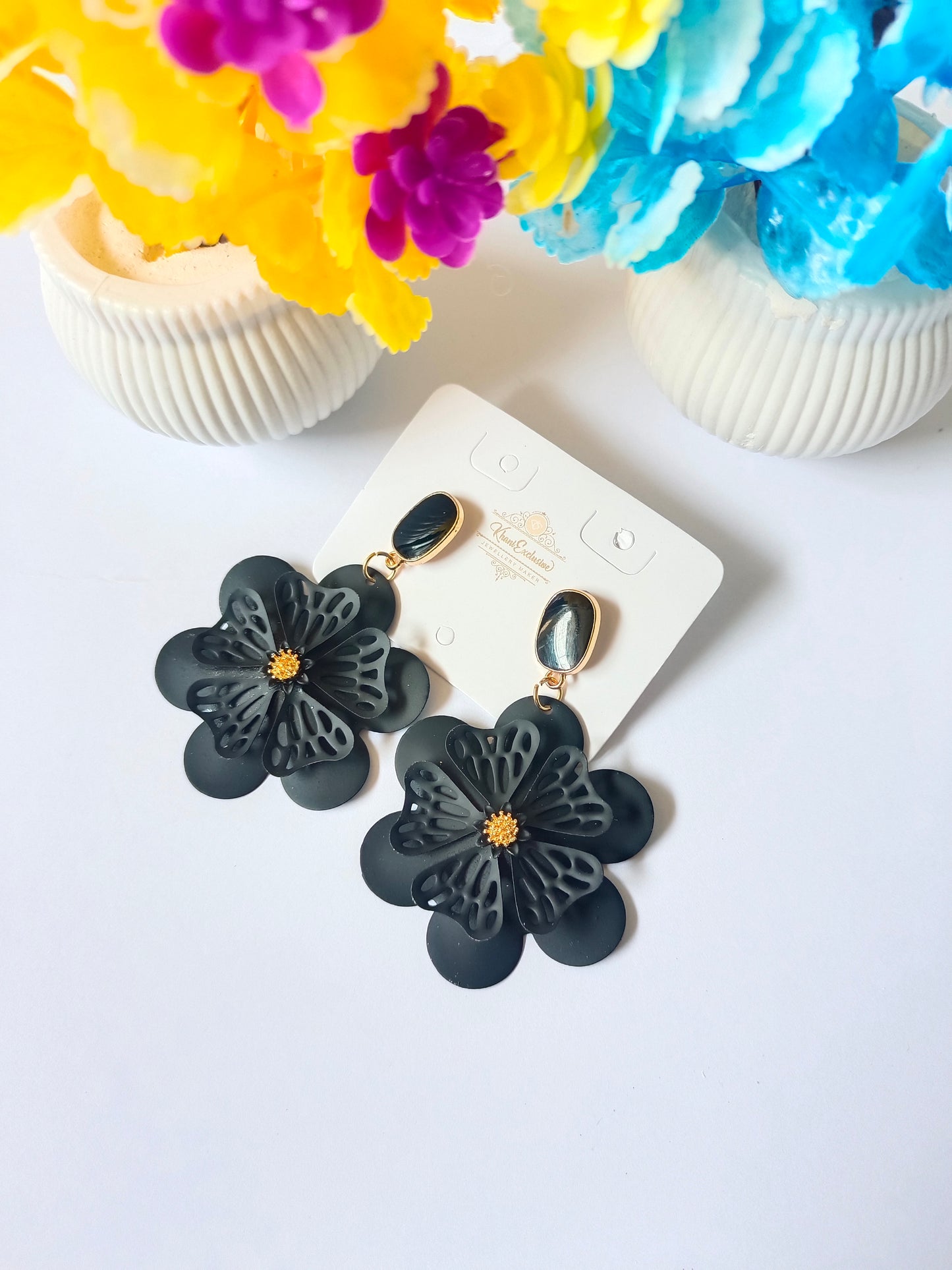 EID COLLECTION METAL BLACK FLOWER EARRING