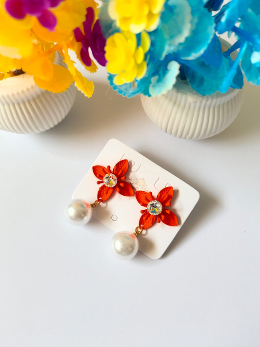 EID COLLECTION METAL ORANGE FLOWER & PEARL DROP EARRING