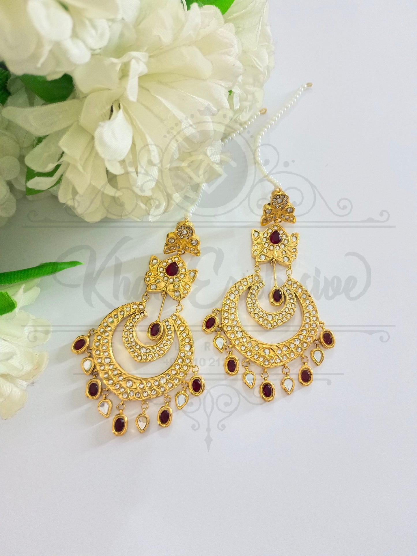 KUNDAN MAHROON & WHITE STONE EARRING